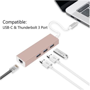 Ntech USB-C & Thunderbolt 3 Port Adapter Macbook USB3.1 C | 3 Port USB HUB | LAN Poort - Grijs