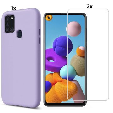 Samsung Galaxy A21s Hoesje Soft Nano Silicone Backcover Gel Lavendel Paars Met 2x Glazen Screenprotector
