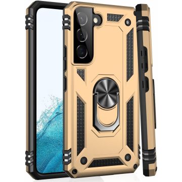 Samsung S22 Plus Hoesje Anti-Shock Hybrid Armor Goud - Samsung Galaxy S22 Plus hoesje met Kickstand Ring Houder - Kunststof - Back Cover