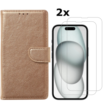 Hoesje Geschikt voor iPhone 15 Plus hoesje bookcase met 2x screenprotector – Goud