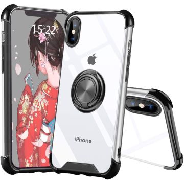 Hoesje Geschikt voor iPhone XR hoesje silicone met ringhouder Back Cover case - Transparant/Zwart