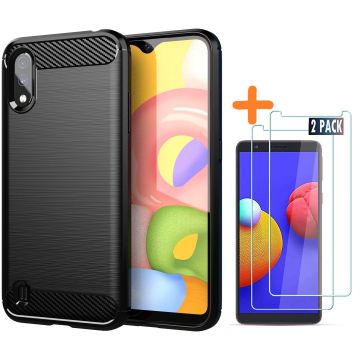 Samsung A01 Core hoesje Geborsteld Zwart - Galaxy A01 Core siliconen Carbon Fiber Optics - Brushed Silicone Colour TPU Cover - Galaxy A01 Core Screenprotector 2 pack