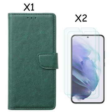 Samsung S22 hoesje Groen Samsung Galaxy S22 5G hoesje bookcase portemonnee cover - Samsung hoesje S22 - Samsung S22 screenprotector / 2X Beschermglas