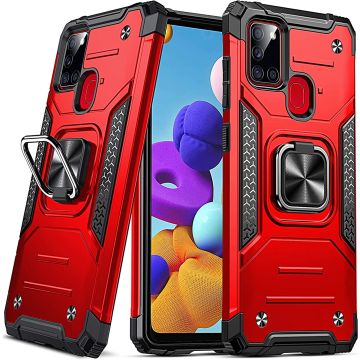 Samsung A21S Hoesje - Heavy Duty Armor hoesje Rood - Galaxy A21s silicone TPU hybride hoesje Kickstand ringhouder met Magnetisch Auto Mount