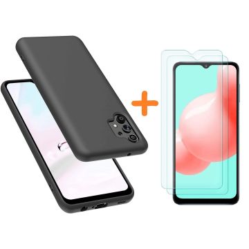 Samsung A32 hoesje - A32 4G hoesje Silicone Zwart - Galaxy A32 Liquid Silicone Soft Nano cover - 2pack Screenprotector Galaxy A32