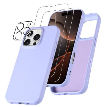Hoesje Geschikt voor iPhone 16 Pro Max – Zacht siliconen liquid backcover met 2x screenprotectors gehard glas en 1x lens protector – Lila
