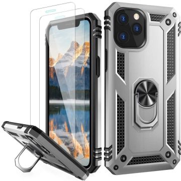 Hoesje Geschikt voor iPhone 12/12 Pro hoesje - Hardcase - Tough armor ring Zilver+ 2 stuks screenprotector
