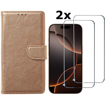 Hoesje Geschikt voor iPhone 16 Pro Max hoesje bookcase met 2 stuks screenprotectors – Goud