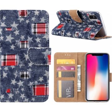 iPhone X / Xs Ster & Denim Design Booktype Kunstleer Hoesje Met Pasjesruimte