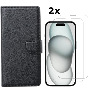 Hoesje Geschikt voor iPhone 15 Plus hoesje bookcase met 2x screenprotector – Zwart