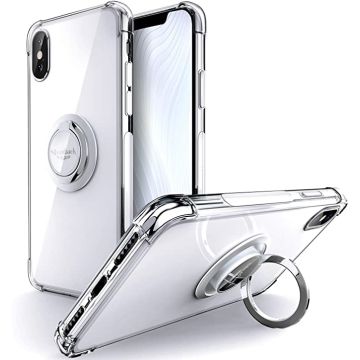 Hoesje Geschikt voor iPhone XS Max hoesje silicone met ringhouder Back Cover case - Transparant/Zilver