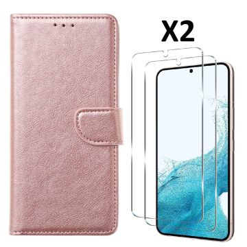Hoesje Geschikt Voor Samsung Galaxy S23 Plus Hoesje met Pasjeshouder - bookcase – Met 2x Screenprotector / gehard glas – Rosegoud