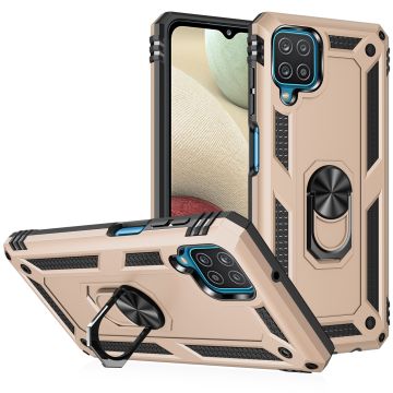 Samsung A12 Hoesje - Galaxy A12 Goud hoesje Anti-Shock Hybrid Armor case Ring houder TPU backcover met kickstand
