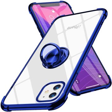 Hoesje Geschikt voor iPhone 12 Mini hoesje - Backcover met Ringhouder - Verstevigde hoeken - Transparant / Blauw