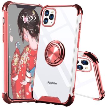 Hoesje Geschikt voor iPhone 12 Pro Max hoesje - Backcover met Ringhouder - Verstevigde hoeken - Transparant/Roze