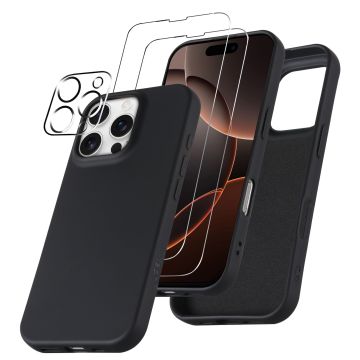 Hoesje Geschikt voor iPhone 16 Pro Max – Zacht siliconen liquid backcover met 2x screenprotectors gehard glas en 1x lens protector – Zwart