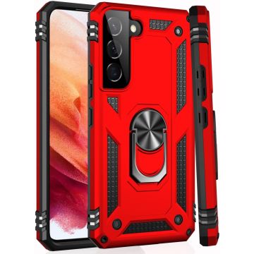 Samsung S22 Plus Hoesje Anti-Shock Hybrid Armor Rood - Samsung Galaxy S22 Plus hoesje met Kickstand Ring Houder - Kunststof - Back Cover