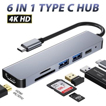 Originele Eisen USB C HUB 6 in 1 - met/naar HDMI 4K, 2x USB 3.0 (Thunderbolt), USB C opladen, Micro/SD card reader Hub | Geschikt voor Apple Macbook Pro, Air, Lenovo, Samsung, Asus, Acer, HP en Dell.