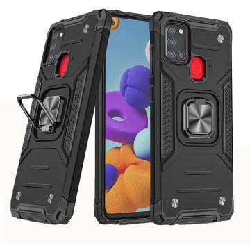 Samsung A21S Hoesje - Heavy Duty Armor hoesje Zwart - Galaxy A21s silicone TPU hybride hoesje Kickstand ringhouder met Magnetisch Auto Mount