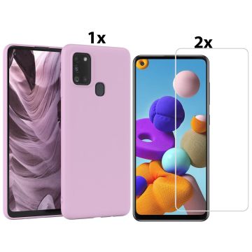Samsung Galaxy A21s Hoesje Soft Nano Silicone Backcover Gel Lila Paars Met 2x Glazen Screenprotector