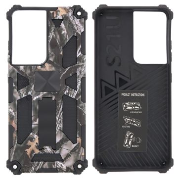 Samsung Galaxy S21 Ultra Hoesje - Rugged Extreme Backcover Takjes Camouflage met Kickstand - Grijs