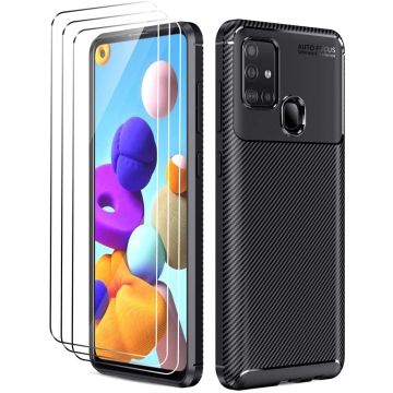 Samsung Galaxy A21s Hoesje Geborsteld TPU case / Brushed back cover Zwart - 3x screen protector