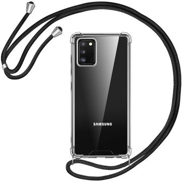 Samsung A02s Hoesje transparant silicone met Koord - Galaxy A02S Koord hoesje draagkoord TPU backcover - Zwart