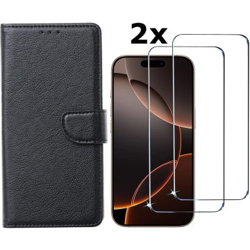 Hoesje Geschikt voor iPhone 16 Pro Max hoesje bookcase met 2 stuks screenprotectors – Zwart