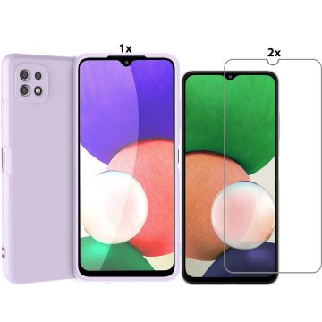 Samsung Galaxy A22 4G Hoesje Soft Nano Silicone Backcover Gel Lila Paars Met 2x Glazen Screenprotector