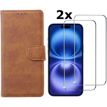 Hoesje Geschikt voor iPhone 16 hoesje bookcase met 2 stuks screenprotectors – Bruin
