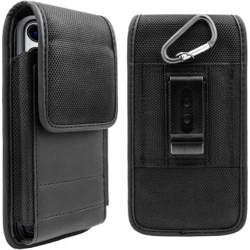 Riem Holster Hoesje Zwart - Flip Phone Pouch hoesje vertical Nylon Holster 5.5 Samsung A7 2018 / J6 Plus / J4 Plus / J7 2017 / A8 / A6 / J8 / J7 2016