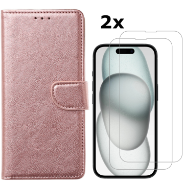 Hoesje Geschikt voor iPhone 15 Plus hoesje bookcase met 2x screenprotector – Rosegoud