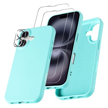 Hoesje Geschikt voor iPhone 16 Plus – Zacht siliconen liquid backcover met 2x screenprotectors gehard glas en 1x lens protector – Mint Groen