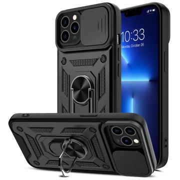 Hoesje Geschikt voor iPhone 13 Hoesje met Camera Bescherming Zwart - Hoesje Geschikt voor iPhone 13 met ring houder Rugged Armor Back Cover - Case - Camera Schuif
