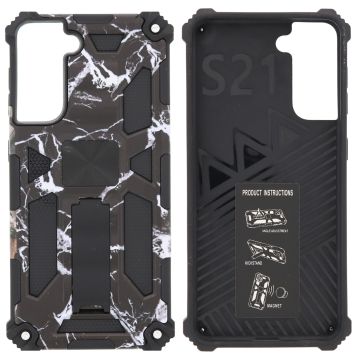 Samsung Galaxy S21 Hoesje - Rugged Extreme Backcover Marmer Camouflage met Kickstand - Zwart