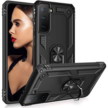 Samsung S21 Plus Hoesje - Samsung Galaxy S21 Plus armor case met Ring houder / Ring vinger houder / standaard - Zwart