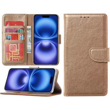 Hoesje Geschikt voor iPhone 16 hoesje – portemonnee bookcase met pasjeshouder – Goud