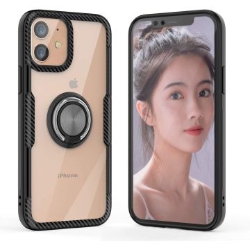 Hoesje Geschikt voor iPhone 12 Mini (5.4) Luxe hoesje Backcover case - Metalen Ring houder - Zwart