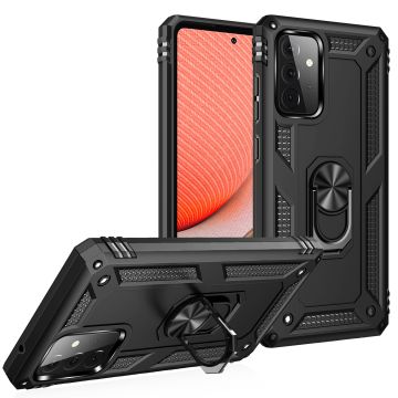 Samsung A72 Hoesje - Galaxy A72 Zwart hoesje Anti-Shock Hybrid Armor case Ring houder TPU backcover met kickstand