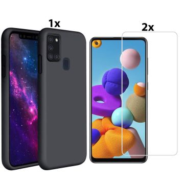 Samsung Galaxy A21s Hoesje Soft Nano Silicone Backcover Gel Zwart Met 2x Glazen Screenprotector