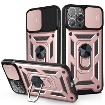 Hoesje Geschikt voor iPhone 13 Pro Max Hoesje met Camera Bescherming Rosegoud – met ring houder Rugged Armor Back Cover - Case - Camera Schuif