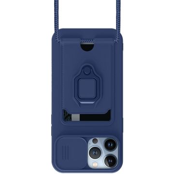 Hoesje Geschikt voor iPhone 13 hoesje met koord Blauw - Hoesje Geschikt voor iPhone 13 hoesje met Camera Bescherming - Hoesje Geschikt voor iPhone 13 hoesje met pasjeshouder ring cover kickstand hoesje