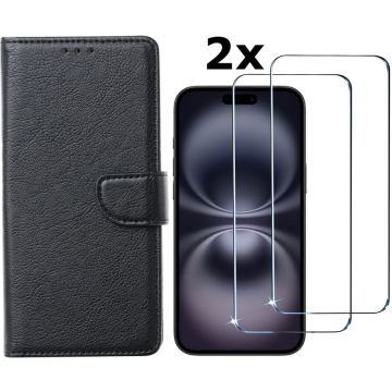 Hoesje Geschikt voor iPhone 16 Plus hoesje bookcase met 2 stuks screenprotectors – Zwart