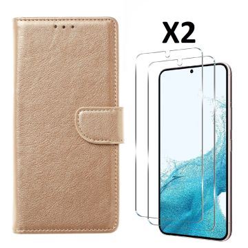 Hoesje Geschikt Voor Samsung Galaxy S23 Plus Hoesje met Pasjeshouder - bookcase – Met 2x Screenprotector / gehard glas – Goud