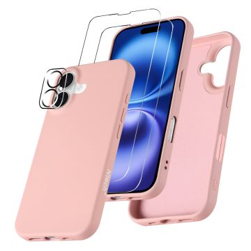 Hoesje Geschikt voor iPhone 16 – Zacht siliconen liquid backcover met 2x screenprotectors gehard glas en 1x lens protector – Zand