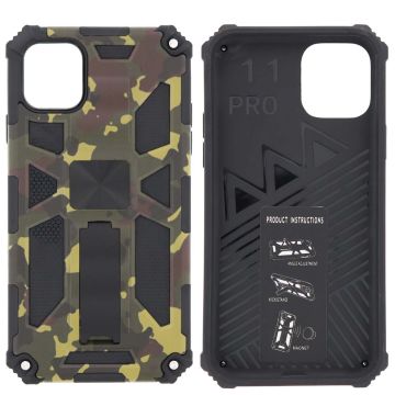 Hoesje Geschikt voor iPhone 11 Pro Hoesje - Rugged Extreme Backcover Army Camouflage met Kickstand - Groen