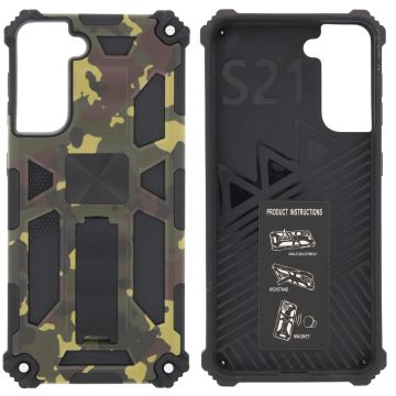 Samsung Galaxy S21 Hoesje - Rugged Extreme Backcover Army Camouflage met Kickstand - Groen