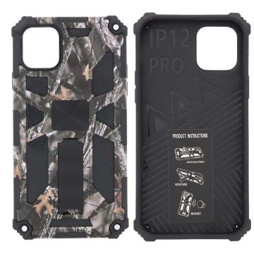Hoesje Geschikt voor iPhone 12 (Pro) Hoesje - Rugged Extreme Backcover Takjes Camouflage met Kickstand - Grijs