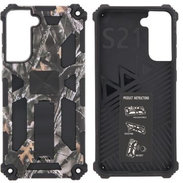 Samsung Galaxy S21 Hoesje - Rugged Extreme Backcover Takjes Camouflage met Kickstand - Grijs