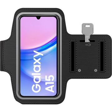 Sportarmband geschikt voor Samsung Galaxy A15 - Hardloop Telefoonhouder - Armband - Sportband - Zwart